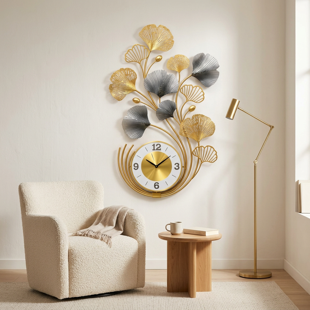 Gold and Grey Ginkgo Leaf Metal Wall Clock