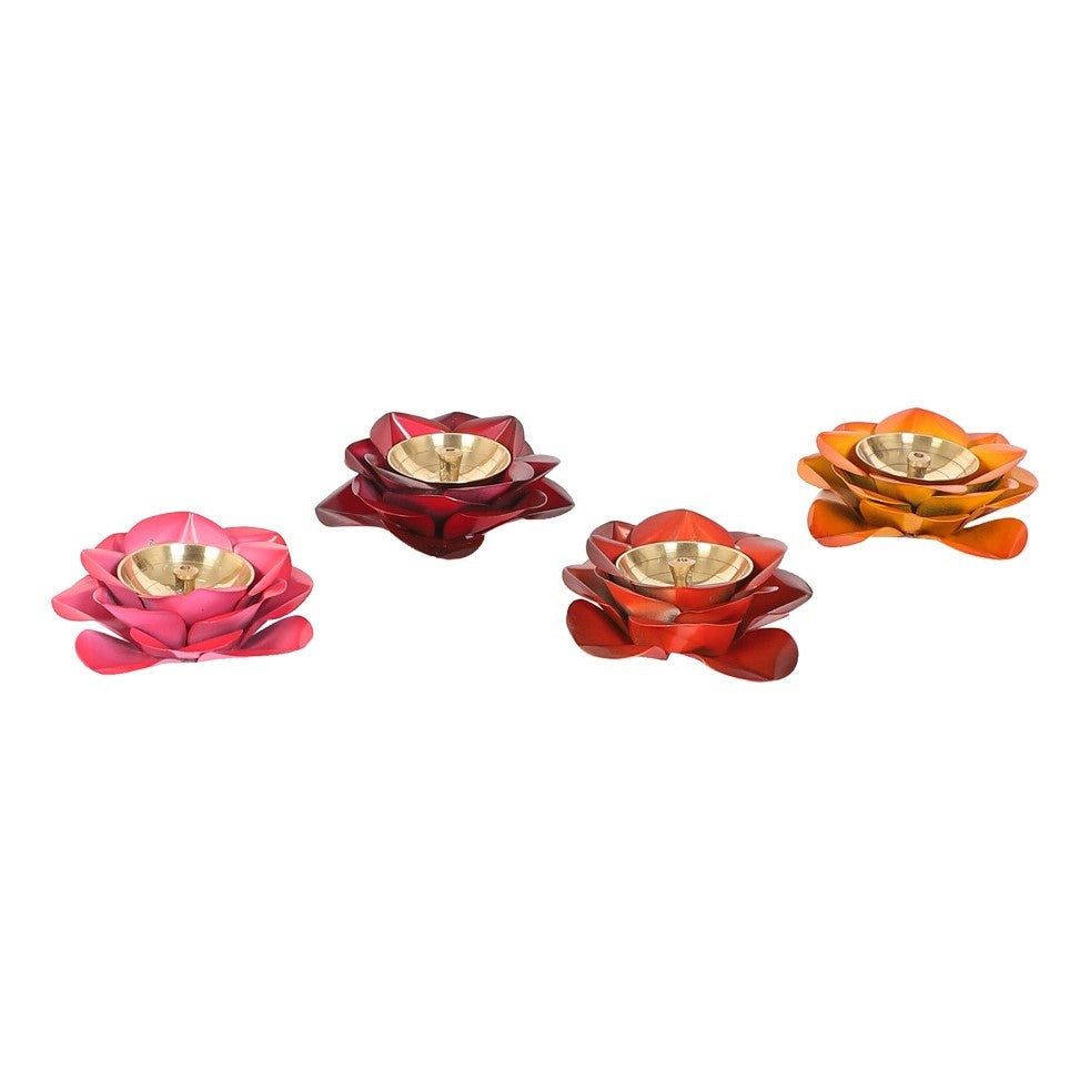 Multicolored Rose Brass Diya - Set of 4