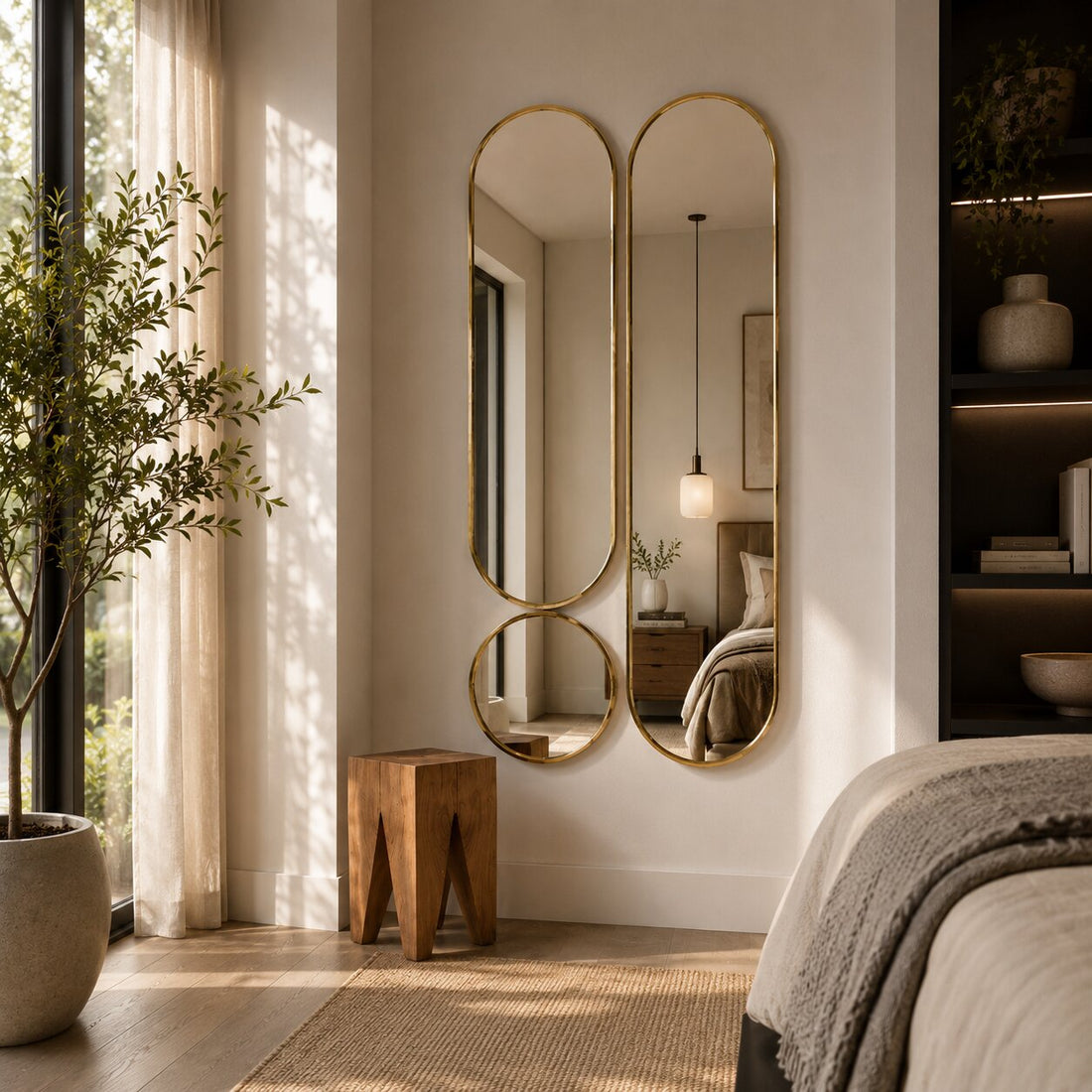 Modern bedroom with two gold mirrors on the wall, a wooden stool, and a plant.
