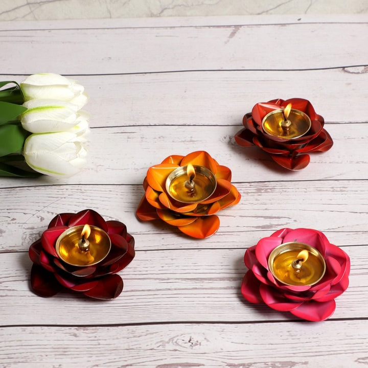 Multicolored Rose Brass Diya - Set of 4