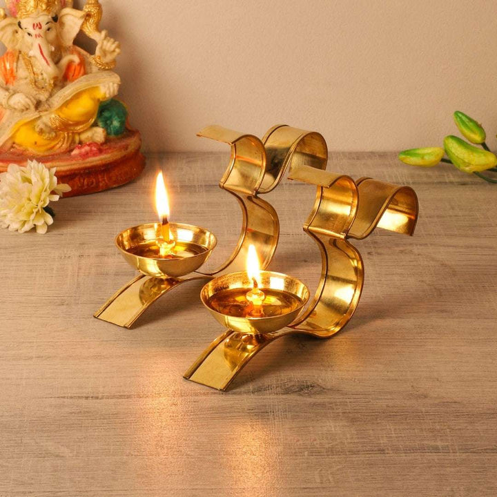 Akhand Brass Diya Set of 2 - OM Design Writings On The Wall Diya