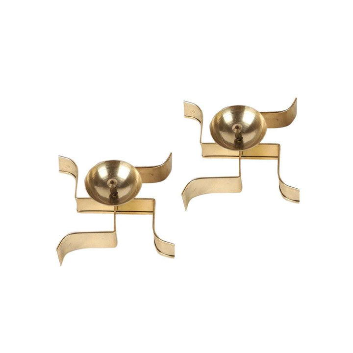 Akhand Brass Diya Set of 2 - Swastik Satiya Design Writings On The Wall Diya