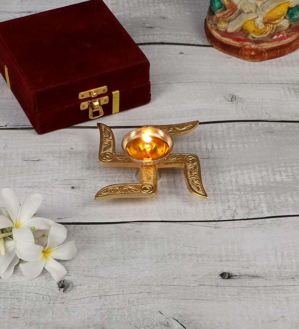 Akhand Brass Diya - Swastik Satiya Design with Box Writings On The Wall Diya