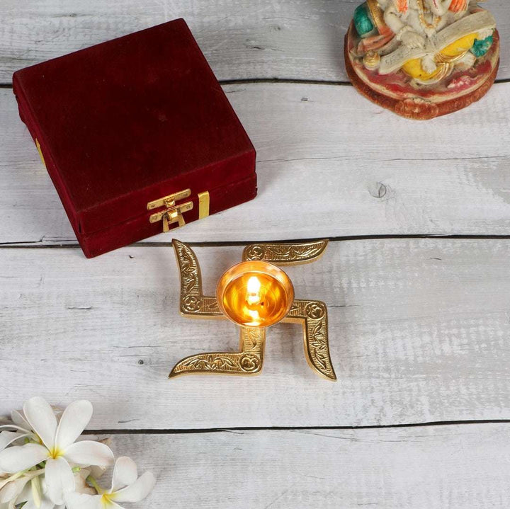 Akhand Brass Diya - Swastik Satiya Design with Box Writings On The Wall Diya