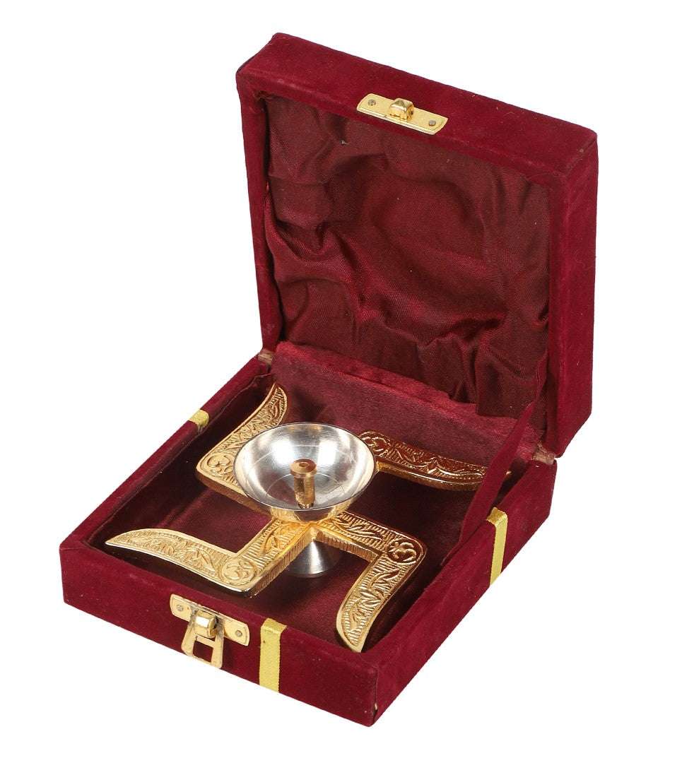 Akhand Brass Diya - Swastik Satiya Design with Box Writings On The Wall Diya