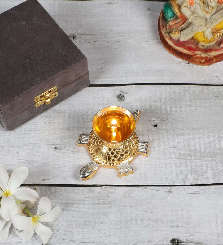 Akhand Brass Diya - Tortoise Design Writings On The Wall Diya