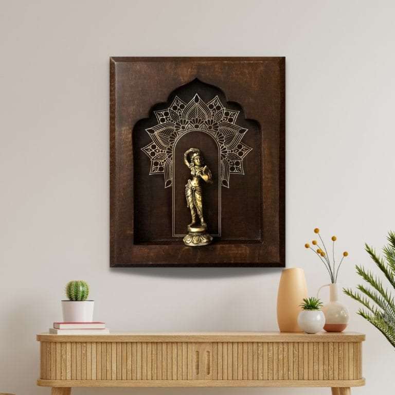 Apsara Brass Idol On Solid Wood Wall Hanging