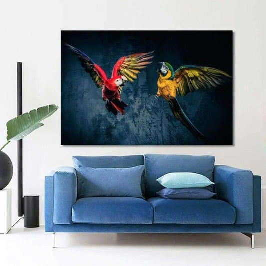 Beautiful Parrots Painting Writings On The Wall Canvas Print