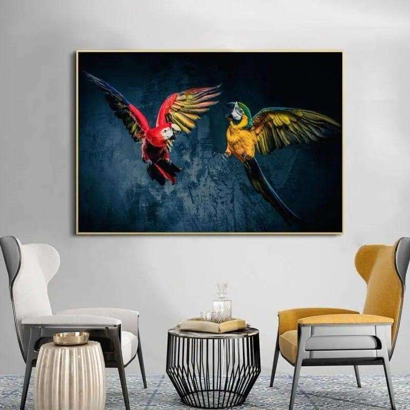 Beautiful Parrots Painting Writings On The Wall Canvas Print