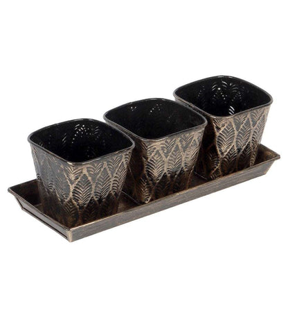 Black & Gold Metal Table Planters with Tray - Set of 3 Writings On The Wall home decor