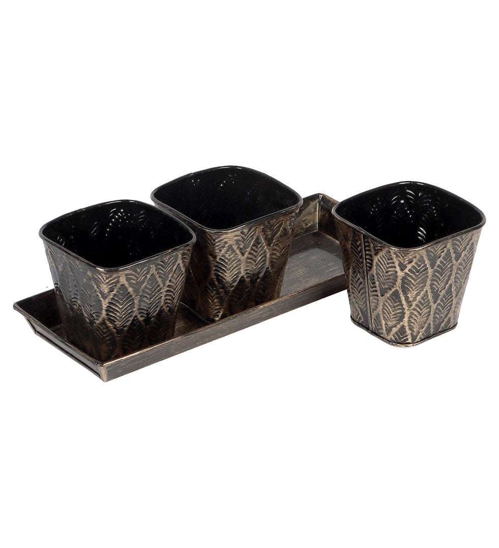 Black & Gold Metal Table Planters with Tray - Set of 3 Writings On The Wall home decor