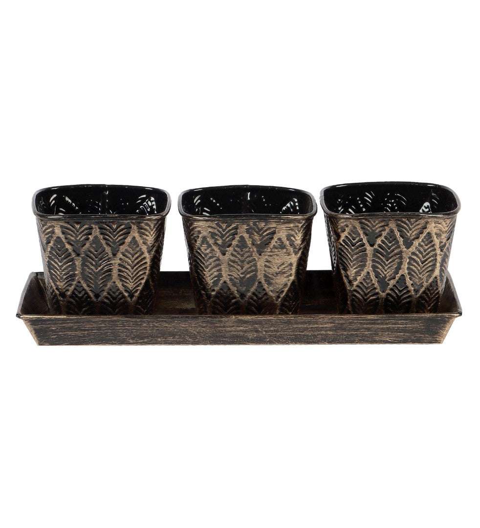 Black & Gold Metal Table Planters with Tray - Set of 3 Writings On The Wall home decor