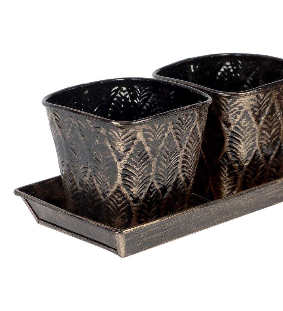 Black & Gold Metal Table Planters with Tray - Set of 3 Writings On The Wall home decor