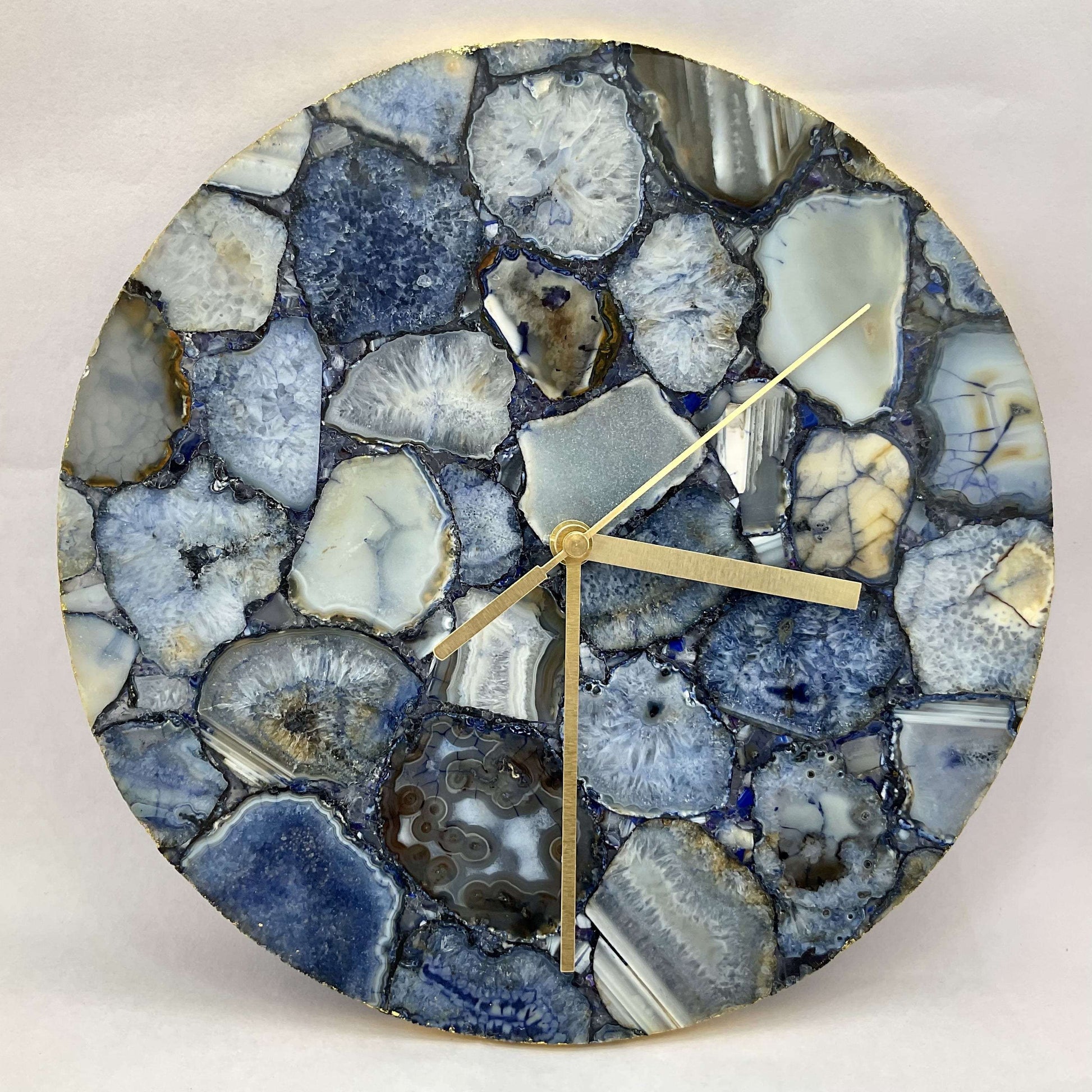 Blue Agate Gemstone Round Clock with Leafing Writings On The Wall gemstone clock
