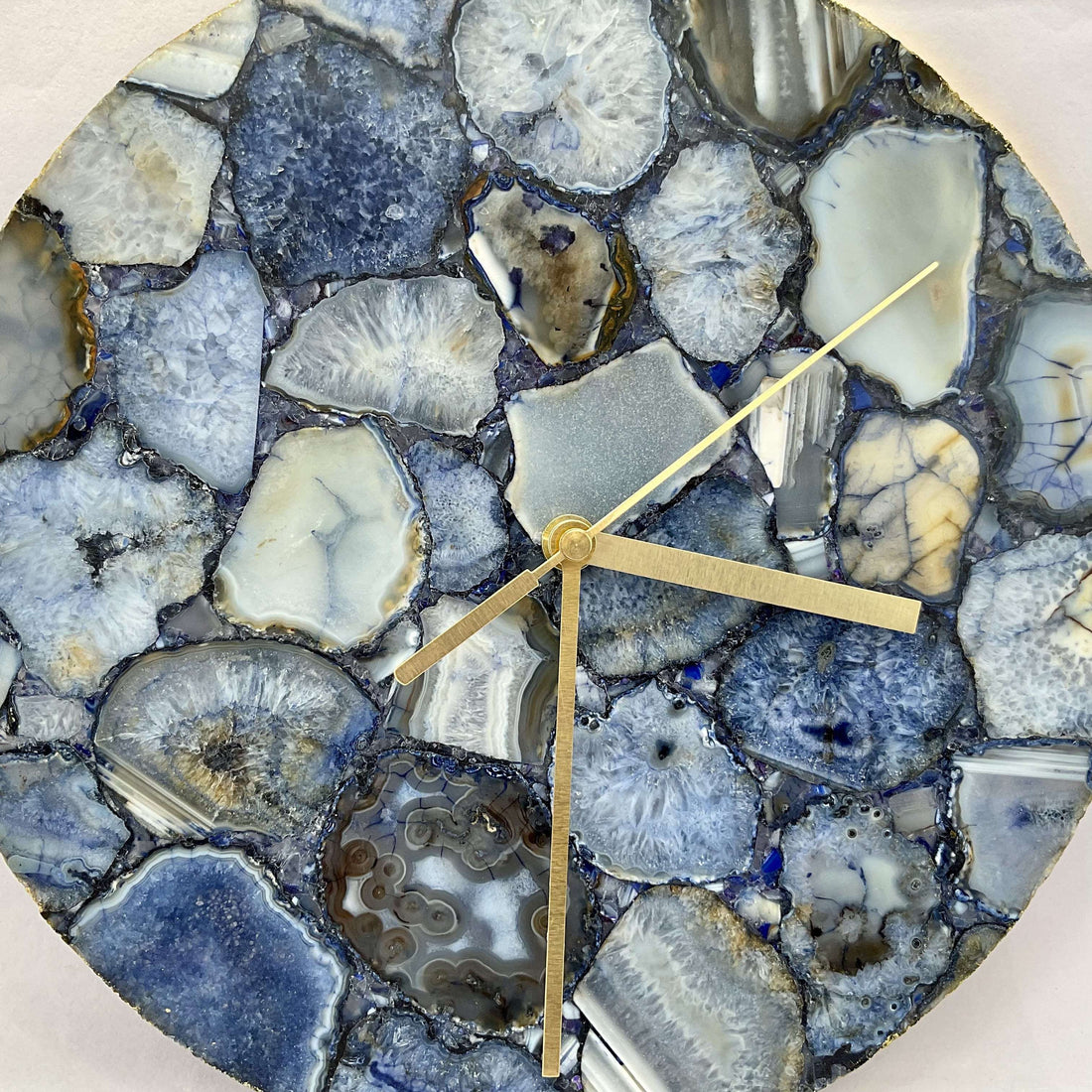 Blue Agate Gemstone Round Clock with Leafing Writings On The Wall gemstone clock