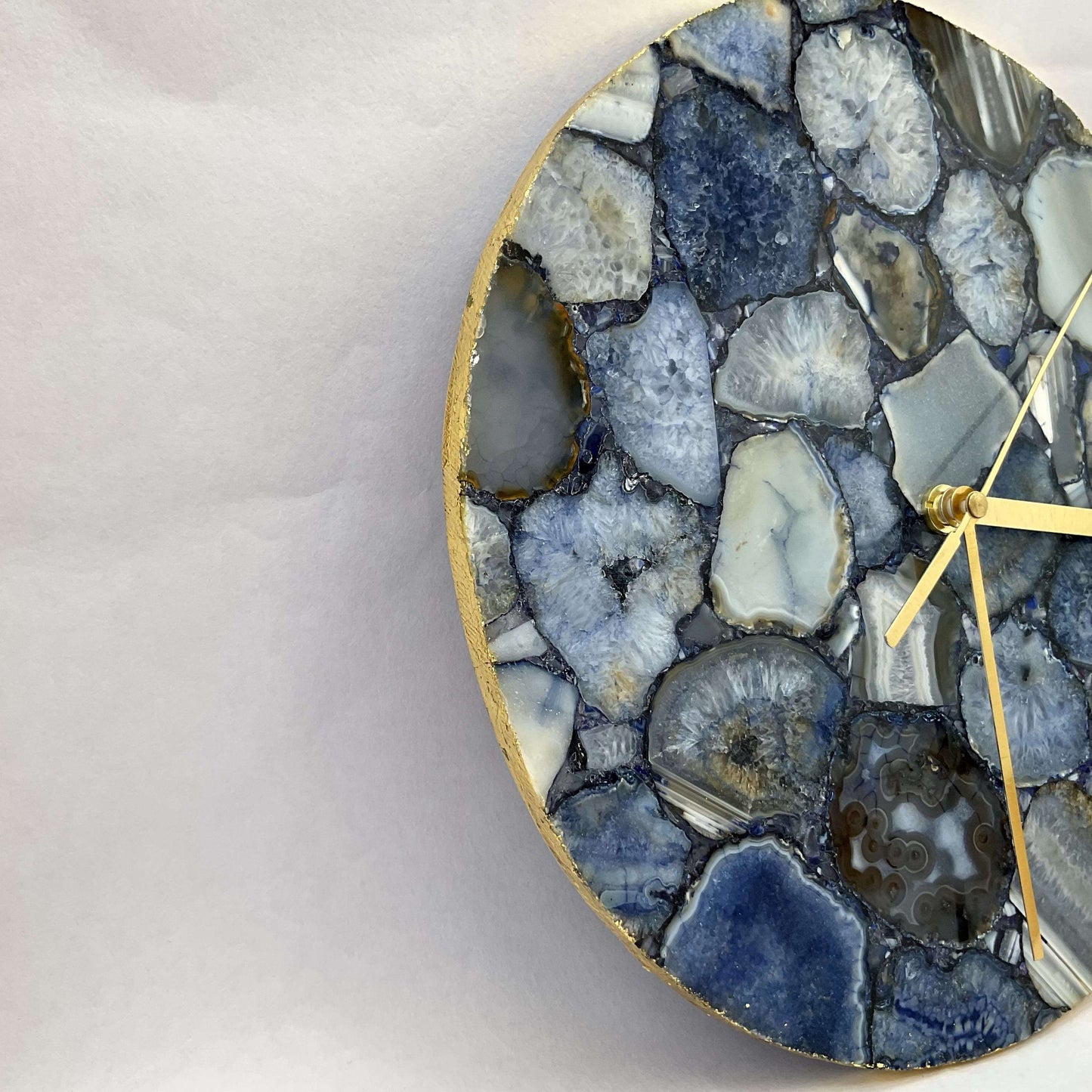 Blue Agate Gemstone Round Clock with Leafing Writings On The Wall gemstone clock