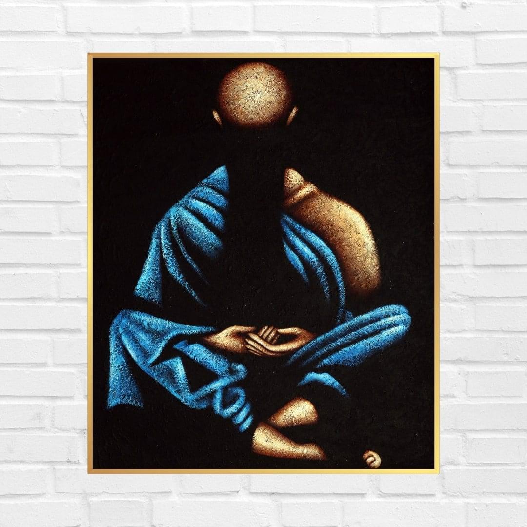 Blue & Gold Buddha Handmade Acrylic Painting Writings On The Wall Oil Painting