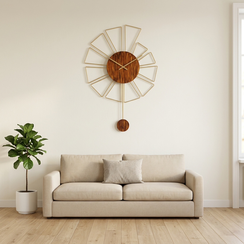 Golden Sunburst Metal Wall Clock with Rust-Brown Dial