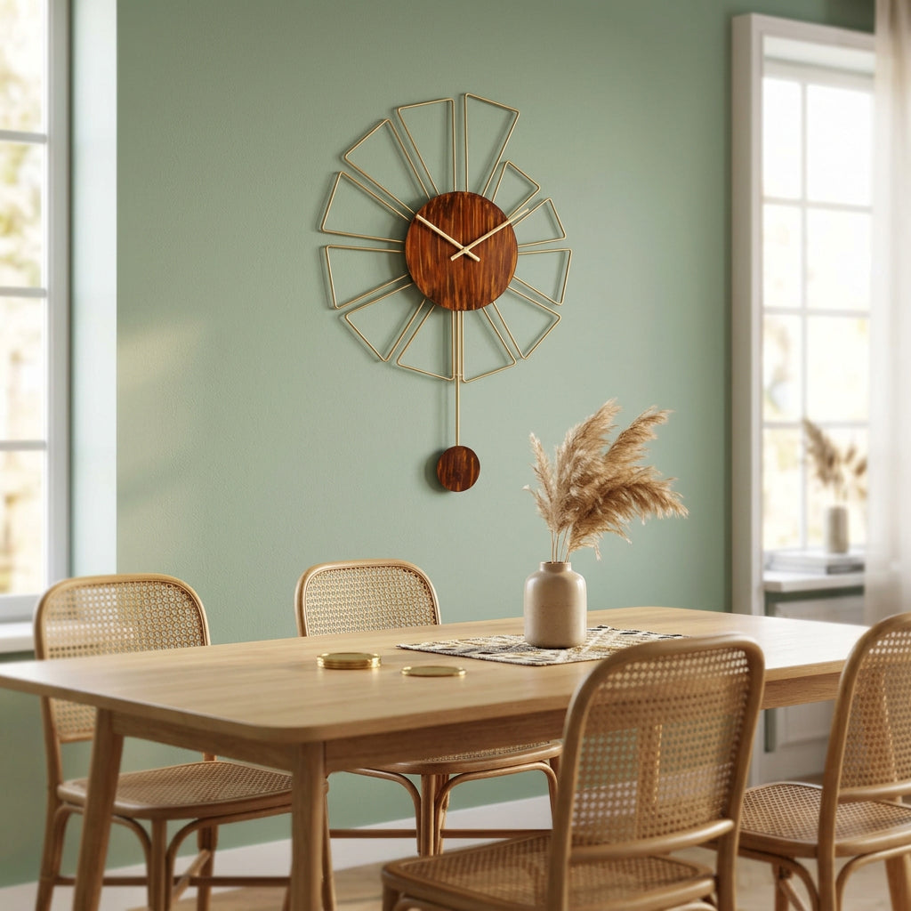 Golden Sunburst Metal Wall Clock with Rust-Brown Dial