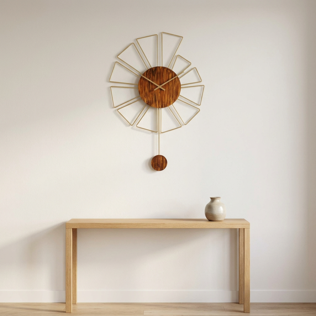 Golden Sunburst Metal Wall Clock with Rust-Brown Dial