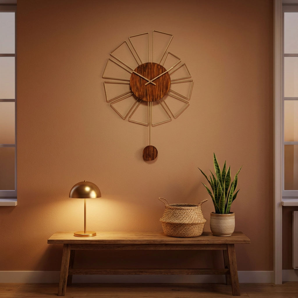 Golden Sunburst Metal Wall Clock with Rust-Brown Dial
