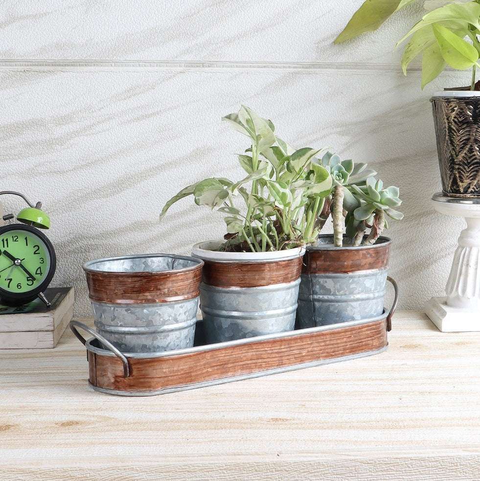 Brown & Silver Metal Table Planters with Tray - Set of 3 Writings On The Wall planter