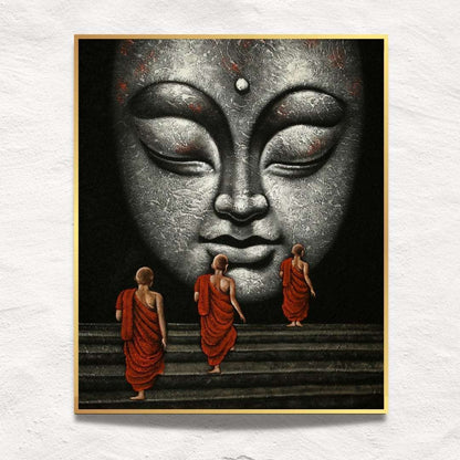 Buddha & The Monks Handmade Acrylic Painting Writings On The Wall Oil Painting