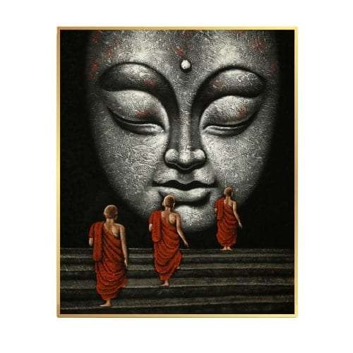 Buddha & The Monks Handmade Acrylic Painting Writings On The Wall Oil Painting