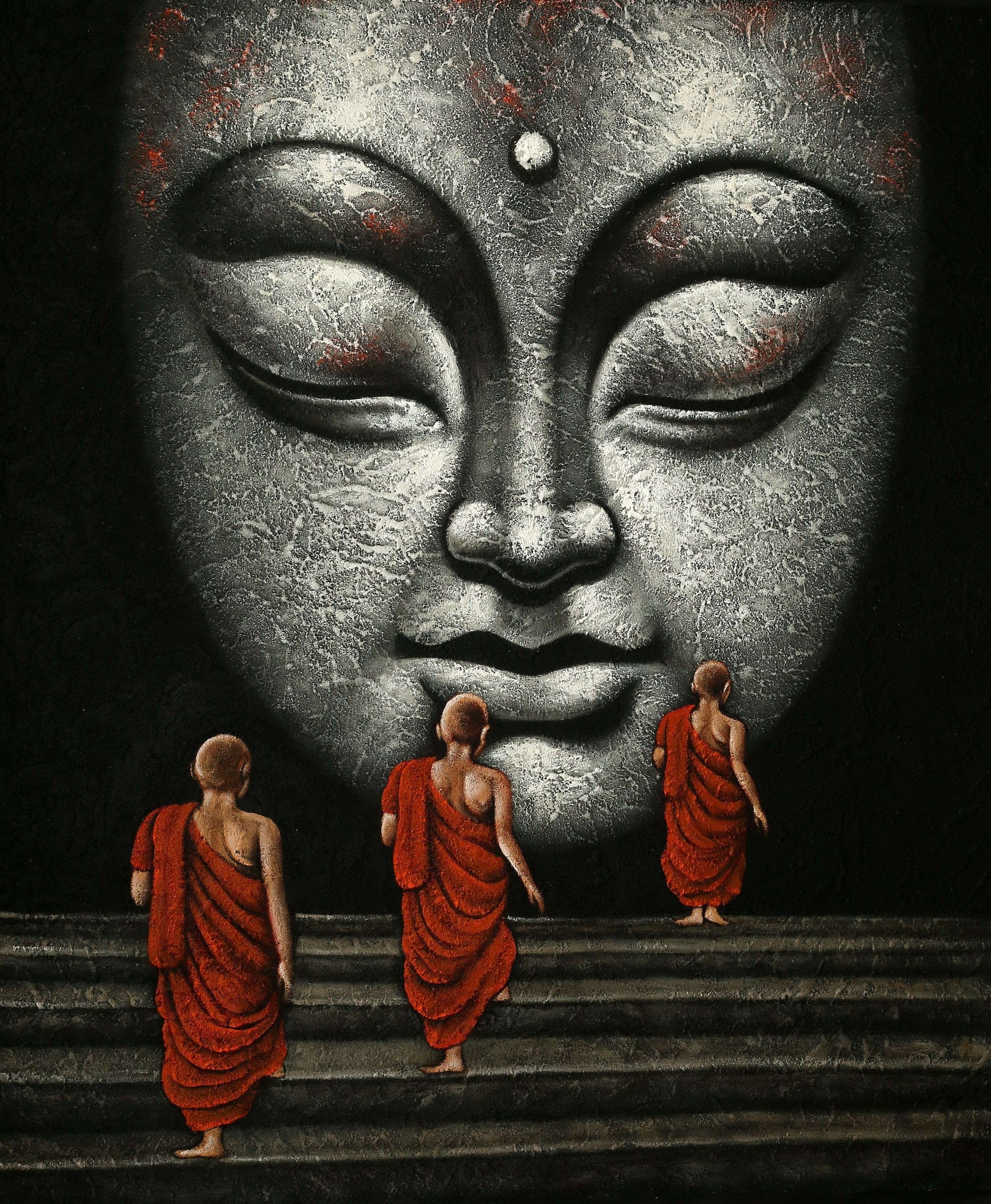 Buddha & The Monks Handmade Acrylic Painting Writings On The Wall Oil Painting