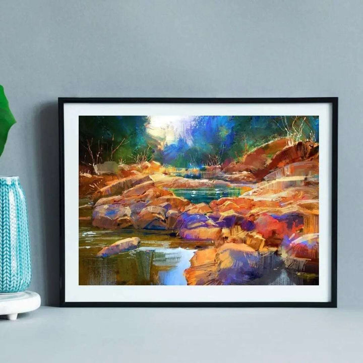 Colorful River & Stones Painting Writings On The Wall Canvas Print