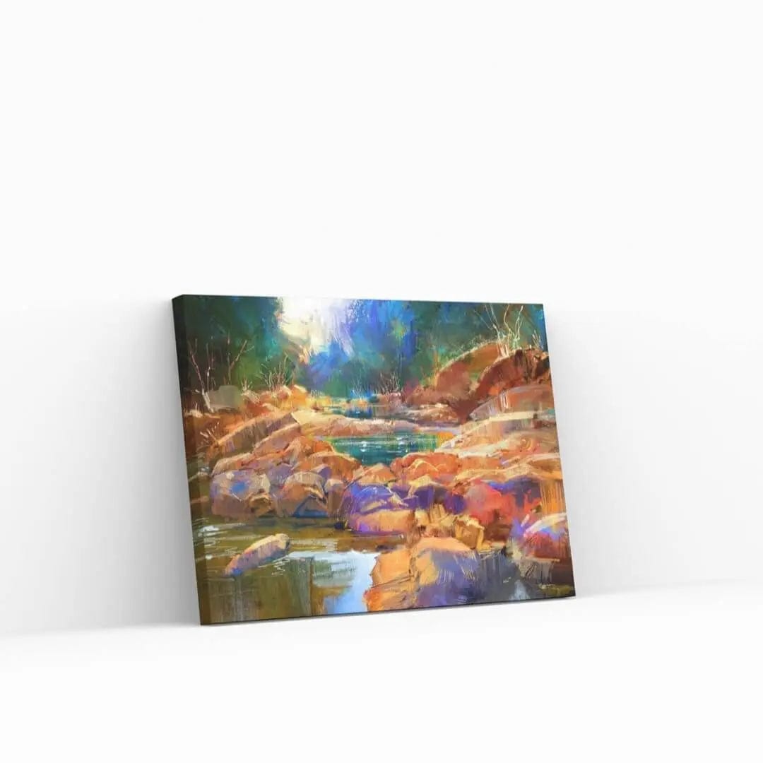 Colorful River & Stones Painting Writings On The Wall Canvas Print