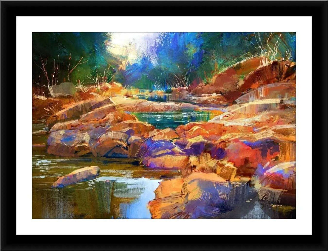 Colorful River & Stones Painting Writings On The Wall Canvas Print