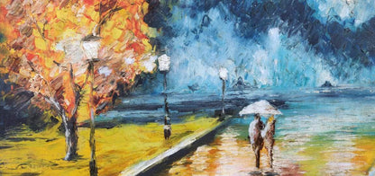 Couple In Rain Handmade Oil Painting Writings On The Wall Oil Painting