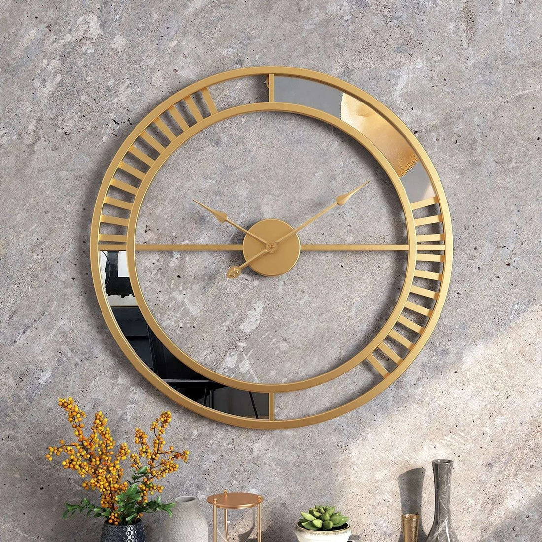 Designer Wall Clock with Mirror Pattern Writings On The Wall Metal Wall Clock