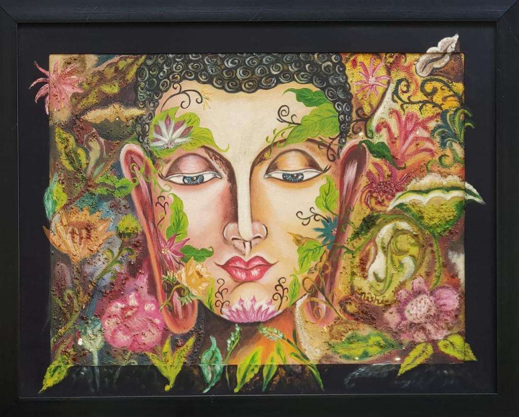 Floral Buddha Handmade Oil Painting Writings On The Wall Oil Painting