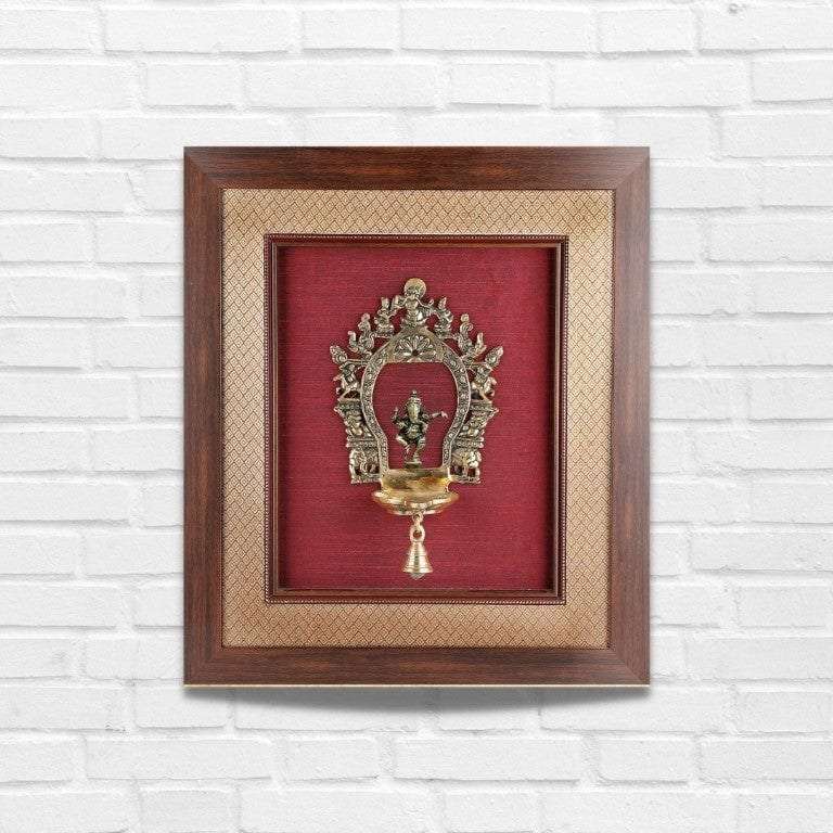 Framed Brass Lamp On Rich Raw Silk Wall Hanging Writings On The Wall Wall Hanging