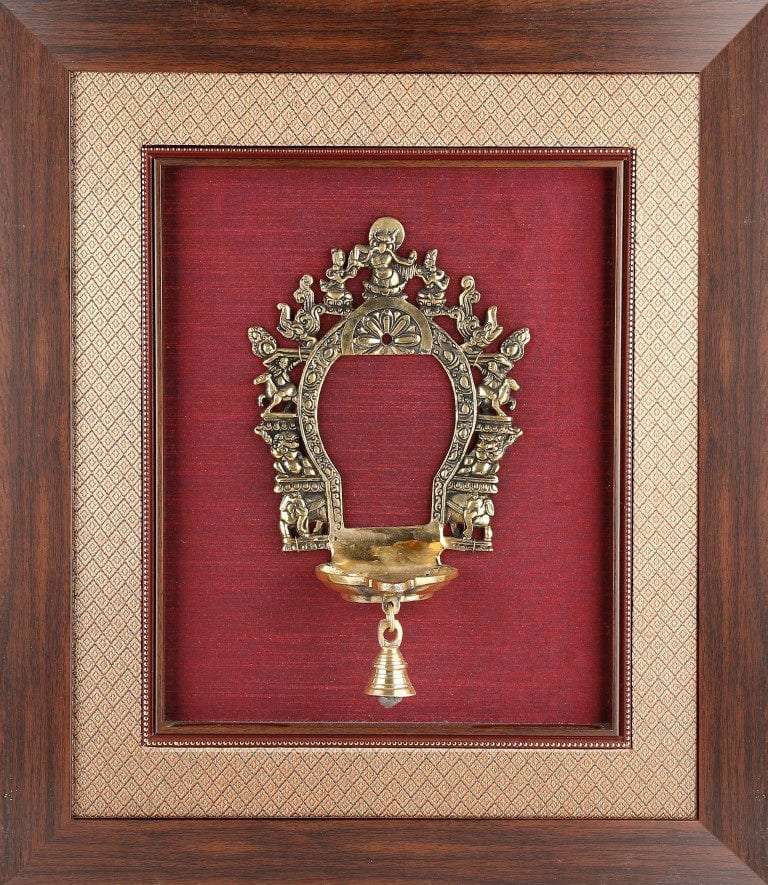 Framed Brass Lamp On Rich Raw Silk Wall Hanging Writings On The Wall Wall Hanging