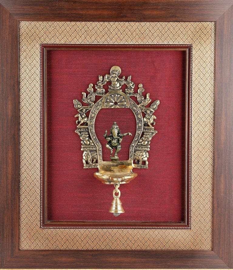 Framed Brass Lamp On Rich Raw Silk Wall Hanging Writings On The Wall Wall Hanging