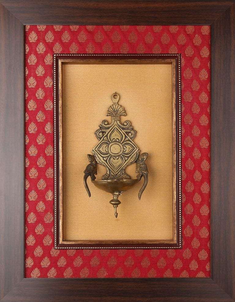 Framed Brass Lamp On Rich Raw Silk Wall Hanging Writings On The Wall Wall Hanging