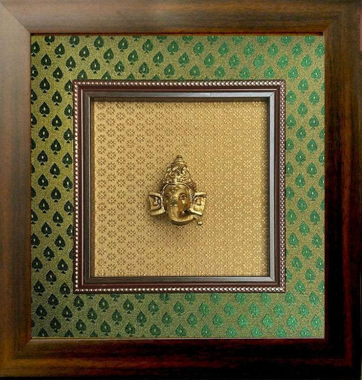 Framed God Brass Idol On Rich Raw Silk Wall Hanging Writings On The Wall Wall Hanging