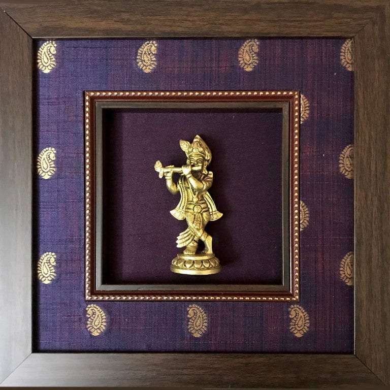 Framed God Brass Idol On Rich Raw Silk Wall Hanging Writings On The Wall Wall Hanging