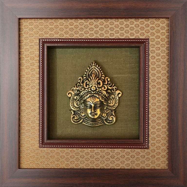 Framed God Brass Idol On Rich Raw Silk Wall Hanging Writings On The Wall Wall Hanging