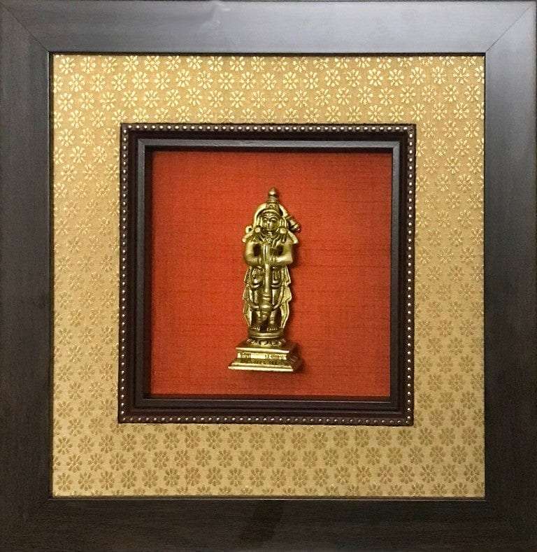 Framed God Brass Idol On Rich Raw Silk Wall Hanging Writings On The Wall Wall Hanging