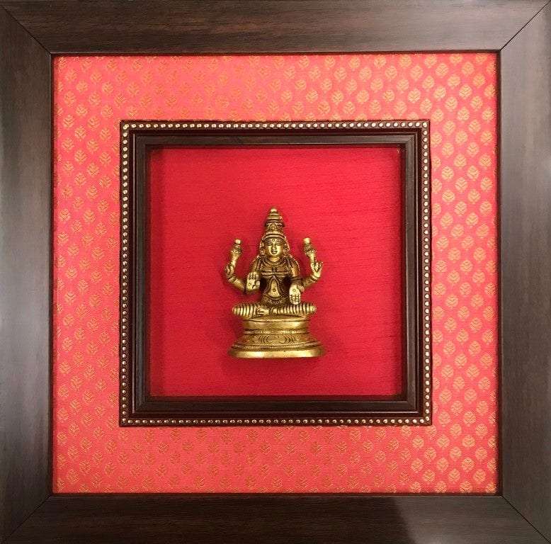 Framed God Brass Idol On Rich Raw Silk Wall Hanging Writings On The Wall Wall Hanging