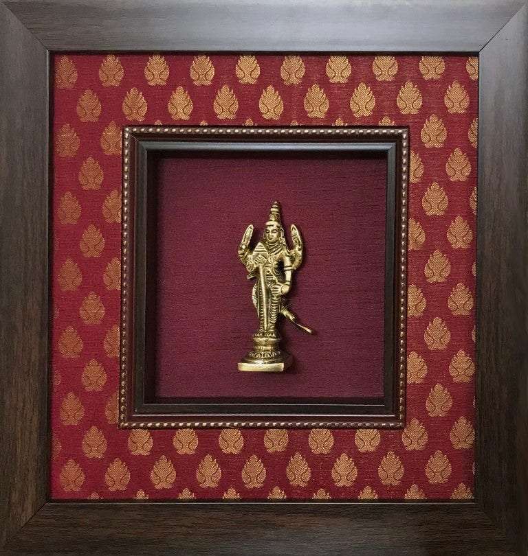 Framed God Brass Idol On Rich Raw Silk Wall Hanging Writings On The Wall Wall Hanging