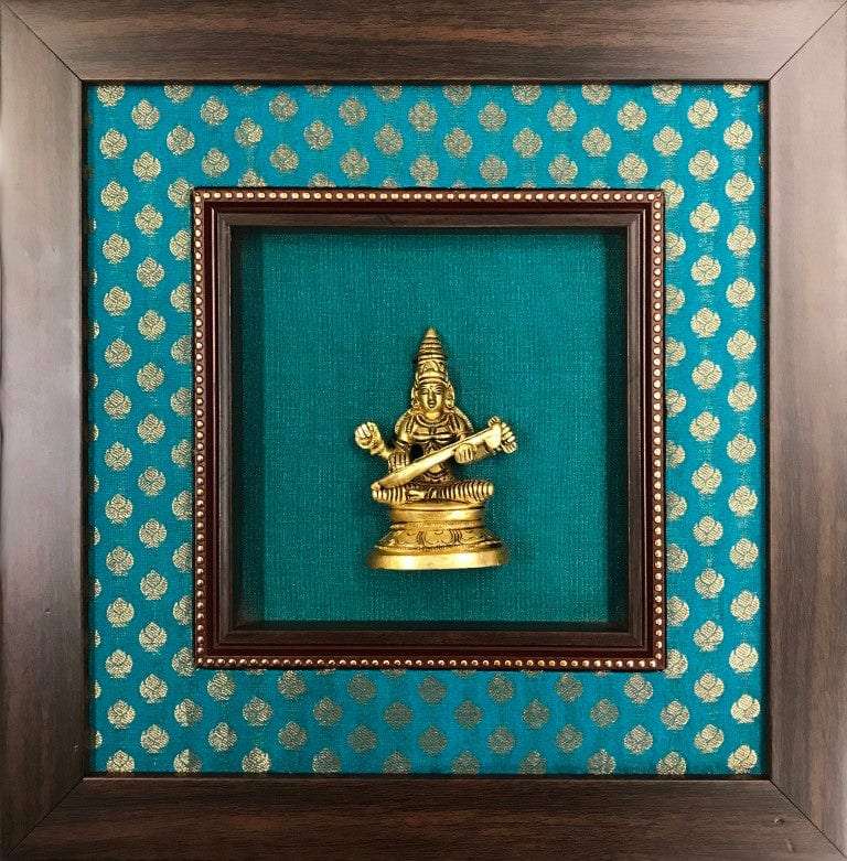 Framed God Brass Idol On Rich Raw Silk Wall Hanging Writings On The Wall Wall Hanging