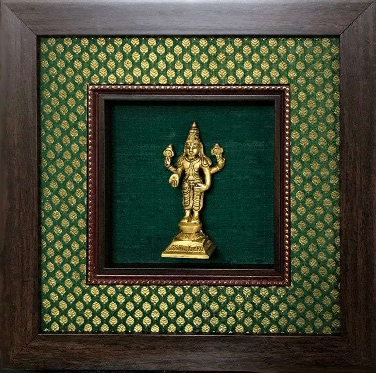 Framed God Brass Idol On Rich Raw Silk Wall Hanging Writings On The Wall Wall Hanging