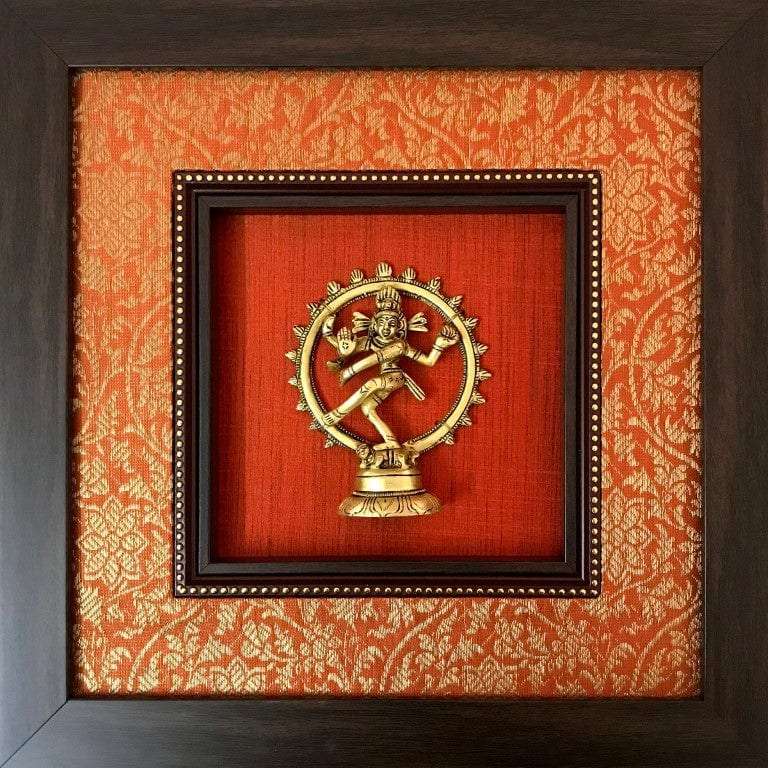 Framed God Brass Idol On Rich Raw Silk Wall Hanging Writings On The Wall Wall Hanging