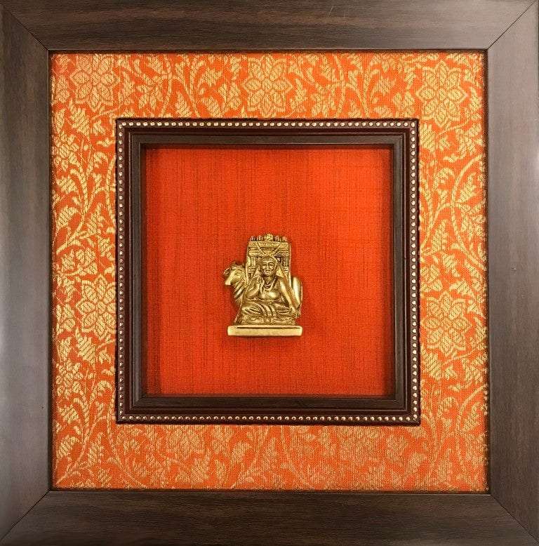 Framed God Brass Idol On Rich Raw Silk Wall Hanging Writings On The Wall Wall Hanging