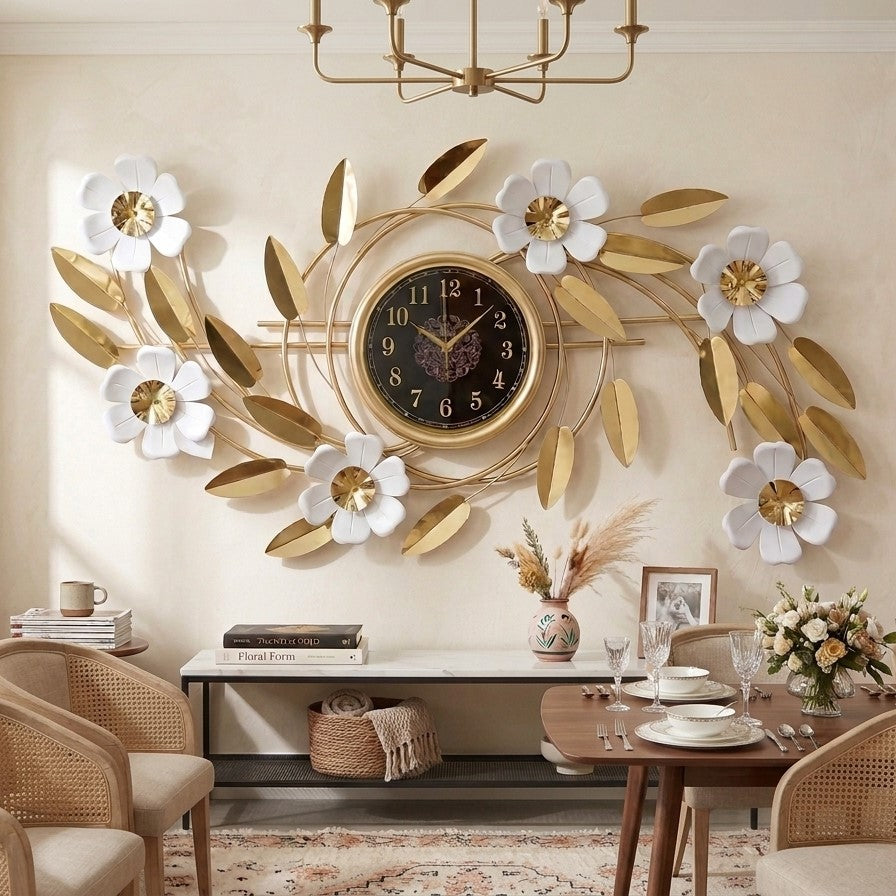 GildedFloraModern3DMetalArtWallClock by writings on the wall